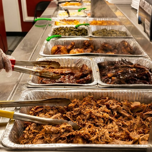 A gloved hand uses tongs to serve BBQ ribs from a buffet line with various hot dishes.