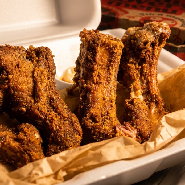 Crispy fried chicken wings and drumsticks in a white takeout container with brown paper.
