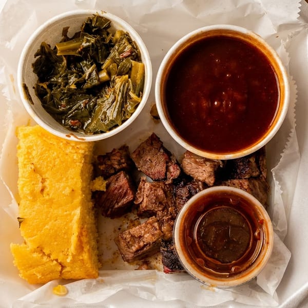Takeout container with barbecue brisket, cornbread, collard greens, and two cups of sauce.