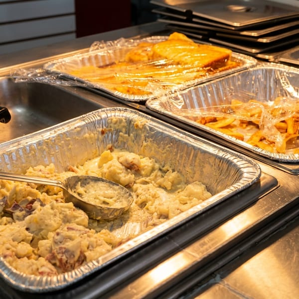 Buffet line with trays of mashed potatoes, french fries, and baked fish in a metal warmer.